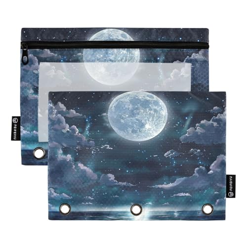Fustylead Moonlight Sea Ocean Water Federmäppchen passend für Standard-3-Ringbinder, Reißverschluss-Bleistifttasche mit transparentem Fenster für Bürokosmetik, 2 Stück, mehrfarbig von Fustylead