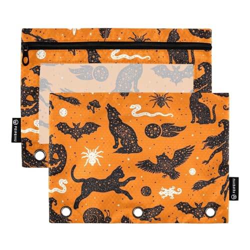 Fustylead Mysterious Pumpkin Cat Witch Bat Spider Big Capacity Pencil Bag Fits 3 Ring Binders, Waterproof Pencil Case with Clear Window for Cosmetic Office Supplies 2 Pack, Orange von Fustylead