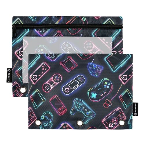 Fustylead Neon Spielkonsole Gamer-Bleistifttasche für 3 Ringe, Bleistifttaschen mit Reißverschluss, transparentes Fenster für Büro-Kosmetikbedarf, 2 Stück, mehrfarbig von Fustylead