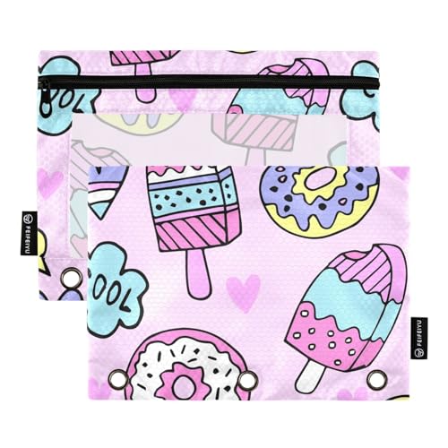 Fustylead Niedliche Aufkleber und verschiedene Elemente mit Donuts, Eiscreme-Herzen, Federmäppchen mit transparentem Fenster für 3-Ringbinder, Reißverschluss-Federmäppchen, Kosmetiktaschen für von Fustylead