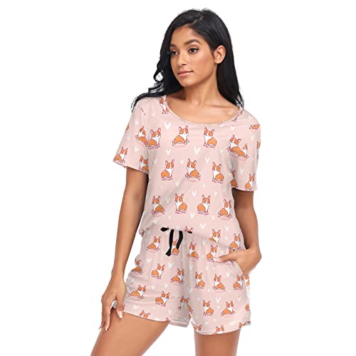 Fustylead Niedliche Corgi Damen Pyjama-Sets Kurzarm Lounge Outfits mit Taschen, rose, 38 von Fustylead