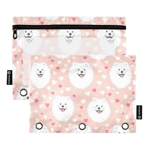 Fustylead Niedliche handgezeichnete Samojede-Köpfe und Herzen, großes Fassungsvermögen, für 3-Ringbücher, wasserdichtes Federmäppchen mit transparentem Fenster für Kosmetik, Bürobedarf, 2 Stück von Fustylead