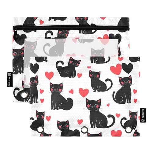 Fustylead Niedliche schwarze Katzen und Herzen, 2 Stück, Bleistiftbeutel für 3-Ringordner, große Kapazität, Binder-Bleistifttasche mit transparentem Fenster für Schule, Büro, Kosmetik, Kinderbedarf von Fustylead