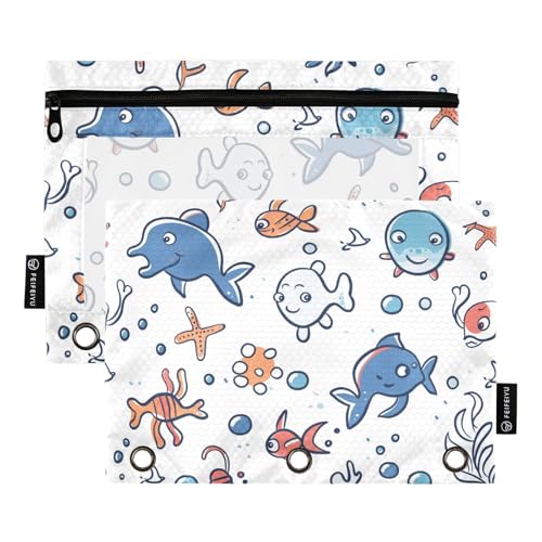 Fustylead Niedliches Federmäppchen mit Meeresalgenmotiv für 3-Ringbinder, Reißverschluss-Bleistifttasche mit transparentem Fenster, Organizer für Kosmetik, Büro, 2 Stück, mehrfarbig von Fustylead