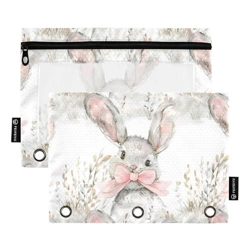 Fustylead Niedliches Häschen mit rosa Schleife, 2 Stück Bleistifttaschen für 3-Ringordner, große Kapazität, Binder-Bleistifttasche mit transparentem Fenster für Büro-Kosmetikbedarf, mehrfarbig von Fustylead