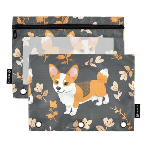 Fustylead Niedliches handgezeichnetes Federmäppchen mit walisischem Corgi-Hund und Zweigen, großes Fassungsvermögen, passend für 3-Ringbinder, wasserdichtes Federmäppchen mit transparentem Fenster für von Fustylead