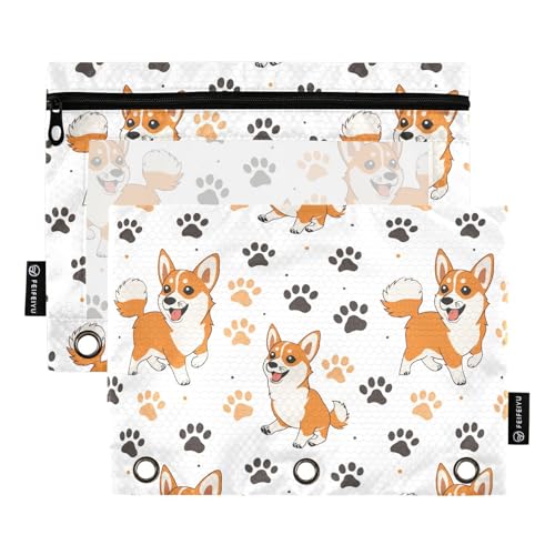Fustylead Niedliches lustiges Federmäppchen mit walisischem Corgi und Pfotenabdruck, großes Fassungsvermögen, passend für 3-Ringbücher, wasserdichtes Federmäppchen mit transparentem Fenster für von Fustylead