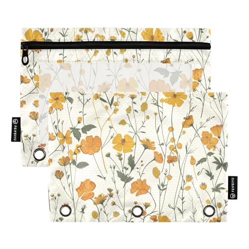 Fustylead Orange Fall Wildblumen Botanical Bleistiftbeutel für 3-Ringbuch, große Kapazität, Binder-Bleistifttasche mit transparentem Fenster für Büro-Kosmetikbedarf, 2 Stück, mehrfarbig von Fustylead