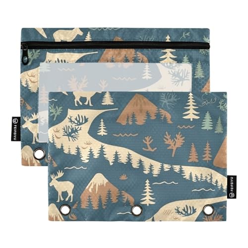 Fustylead Outdoor Adventure Elch Mountain Federmäppchen für 3-Ringbinder, Reißverschluss-Bleistifttasche mit transparentem Fenster, Organizer für Kosmetik, Büro, 2 Stück, mehrfarbig von Fustylead