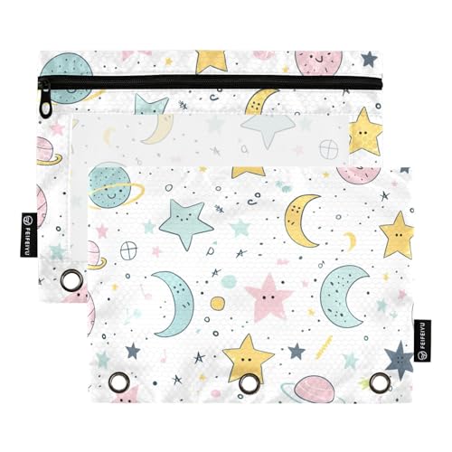 Fustylead Pastellfarbene Federmäppchen mit Mond und Planeten und Sternen für 3-Ringbinder, Reißverschlusstasche mit transparentem Fenster, Federmäppchen für Zuhause, Büro, 2 Stück, multi von Fustylead