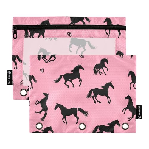 Fustylead Pferde und Hufeisen rosa Federmäppchen passend für Standard-3-Ringbinder, Reißverschluss-Bleistifttasche mit transparentem Fenster für Bürokosmetik, 2 Stück, mehrfarbig von Fustylead