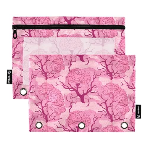 Fustylead Pink Brain Trees Weird gemustertes Federmäppchen passend für Standard-3-Ringbinder, Reißverschluss-Bleistifttasche mit transparentem Fenster für Bürokosmetik, 2 Stück von Fustylead