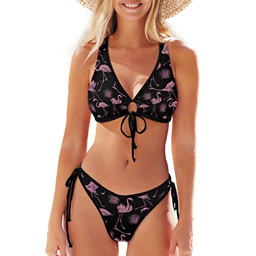 Fustylead Pink Flamingo Damen Bikini Badeanzüge Sexy Zweiteiliger Badeanzug, Schwarz , L von Fustylead