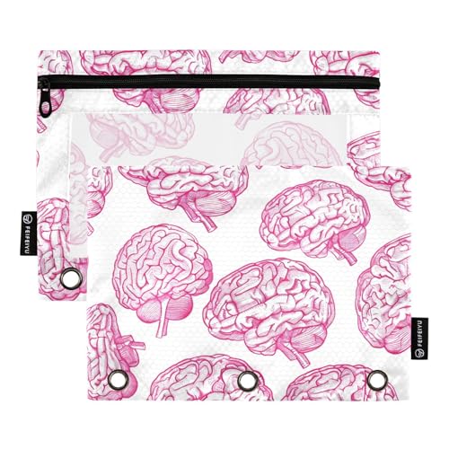 Fustylead Preppy Gothic Brains Federmäppchen, Weiß und Rosa, passend für Standard-3-Ringbinder, Reißverschluss-Bleistifttasche mit transparentem Fenster für Bürokosmetik, 2 Stück von Fustylead
