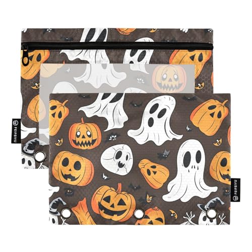 Fustylead Pumpkin Ghost Halloween Brown 2 Pack Pencil Pouches for 3 Ring Binder, Big Capacity Binder Pencil Bag with Clear Window for Office Cosmetic Supplies von Fustylead