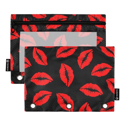 Fustylead Red Lipstick Kiss Federmäppchen für 3-Ringbuch, große Kapazität, Binder-Bleistifttasche mit transparentem Fenster, für Büro-Kosmetikbedarf, 2 Stück, Schwarz von Fustylead