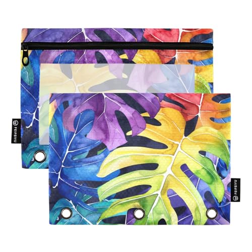 Fustylead Regenbogenfarbene Monstera-Blätter-Bleistifttaschen für 3-Ringordner, große Kapazität, Binder-Bleistifttasche mit transparentem Fenster für Büro-Kosmetikbedarf, 2 Stück, mehrfarbig von Fustylead