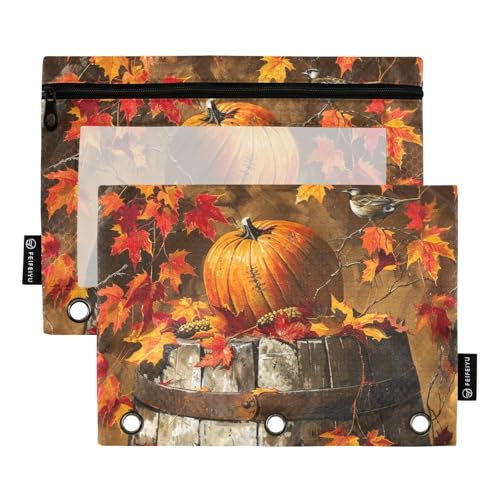 Fustylead Rustikale Federmäppchen mit 3 Ringbüchern, Kürbisse, Vögel, Ahornblätter, Reißverschluss, Federmäppchen mit transparentem Fenster, Organizer für Kosmetik, Büro, 2 Stück von Fustylead