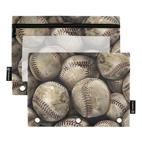 Fustylead Rustikales Federmäppchen mit Baseball-Motiv, Bauernhaus-Design, für 3-Ring-Ordner, Reißverschluss, Federmäppchen mit transparentem Fenster, Organizer für Kosmetik, Büro, 2 Stück von Fustylead