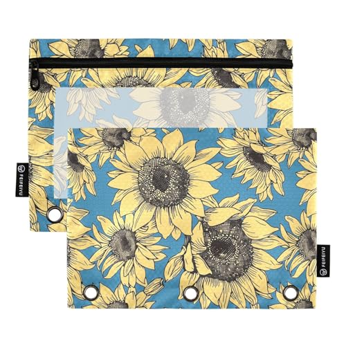 Fustylead Rustikales Federmäppchen mit Sonnenblumen-Motiv, passend für Standard-3-Ring-Ordner, Reißverschluss-Bleistifttasche mit transparentem Fenster für Bürokosmetik, 2 Stück von Fustylead