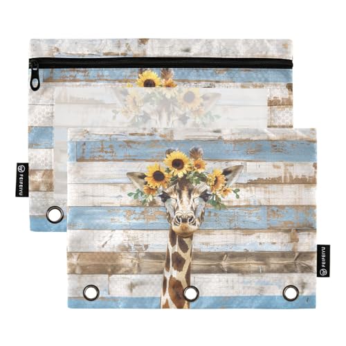 Fustylead Rustikales Federmäppchen mit Sonnenblumenkranz, Giraffe, mit transparentem Fenster für 3-Ring-Ordner, Reißverschluss-Federmäppchen, Kosmetiktaschen für Büro-Kosmetikbedarf, 2 Stück, von Fustylead