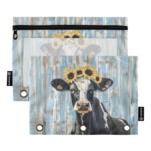Fustylead Rustikales Federmäppchen mit Sonnenblumenkranz, Milchkuh, mit transparentem Fenster für 3-Ring-Ordner, Reißverschluss-Federmäppchen, Kosmetiktaschen für Büro-Kosmetikbedarf, 2 Stück, von Fustylead