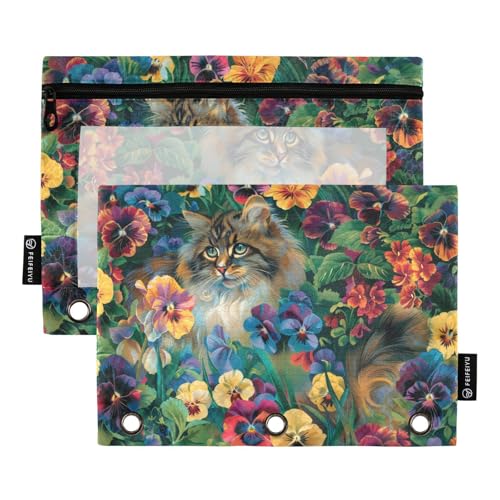 Fustylead Schöne Katze mit hellem Frühlingsblumenfeld, große Kapazität, Federmäppchen für 3-Ringbinder, wasserdichtes Federmäppchen mit transparentem Fenster für Kosmetik, Bürobedarf, 2 Stück von Fustylead