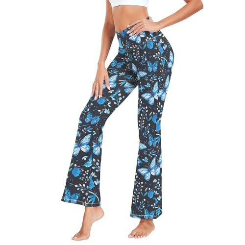 Fustylead Schöne leuchtend blaue Schmetterlinge und Blumen Damen Bootcut Yogahose Kreuz hohe Taille Glocke ausgestellte Hose S-XXL, Schwarz , L von Fustylead