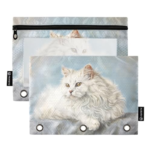 Fustylead Schönes Angora-Katzen-Ölgemälde-Federmäppchen mit transparentem Fenster für 3-Ringbinder, Reißverschluss-Federmäppchen, Kosmetiktaschen für Büro-Kosmetikbedarf, 2 Stück von Fustylead