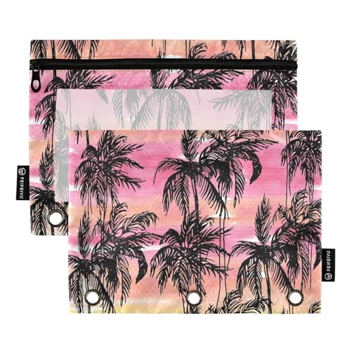 Fustylead Schwarze Silhouetten von Palmen auf Sonnenuntergang, farbiges Aquarell-Federmäppchen für 3-Ringbücher, Reißverschluss-Bleistifttasche mit transparentem Fenster, Organizer für Kosmetik, Büro, von Fustylead