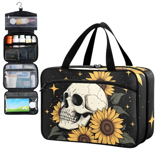 Fustylead Shining Human Skull and Sunflower Design Travel Medicine Organizer Bag Home Storage First Aid Kit Large Pill Case with Zipper for Pill Bottle, Vitamine and Medical Supplies, Schwarz , M von Fustylead