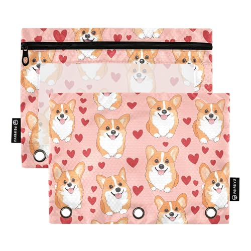 Fustylead Smiling Corgis and Hearts 2 Pack Pencil Pouches for 3 Ring Binder, Big Capacity Binder Pencil Bag with Clear Window for School Office Cosmetic Children Supplies von Fustylead