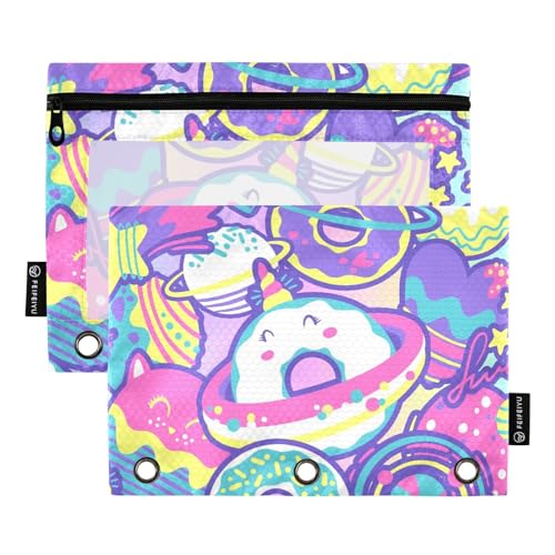 Fustylead Space Donuts Planet Cosmic Elements Federmäppchen mit großem Fassungsvermögen, passend für 3-Ringbinder, wasserdichtes Federmäppchen mit transparentem Fenster für Kosmetik, Bürobedarf, 2 von Fustylead