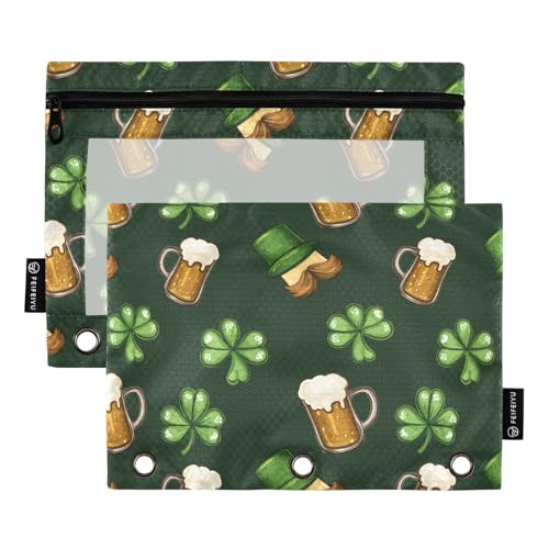 Fustylead St. Patrick's Day Kleeblatt und Schnurrbart-Hut, großes Fassungsvermögen, Federmäppchen mit 3 Ringbüchern, wasserdichtes Federmäppchen mit transparentem Fenster für Schule, Kosmetik, Büro von Fustylead