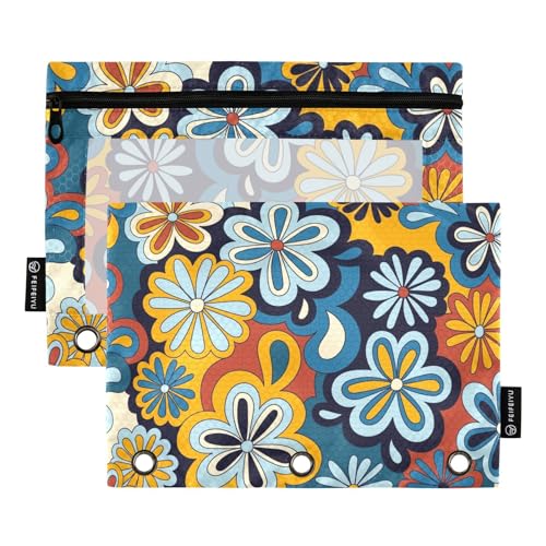 Fustylead Stifteetui für 3 Ringe, Boho-Blumenmuster, psychedelisch, Hippie-Blumenmuster, Bleistiftbeutel mit Reißverschluss, transparentes Fenster, für Büro-Kosmetikbedarf, 2 Stück, mehrfarbig von Fustylead