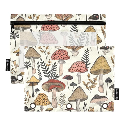 Fustylead Stifteetui für 3 Ringe, Motiv: Botanical Mushroom Beige mit Reißverschluss, transparentes Fenster für Büro-Kosmetikbedarf, 2 Stück, mehrfarbig von Fustylead