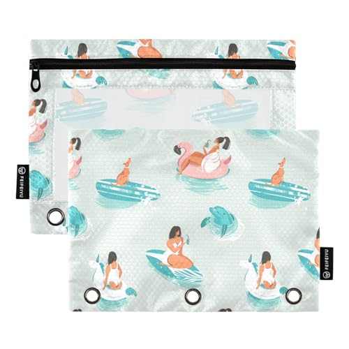 Fustylead Summer Time with Girls Pool Floats Dog Delfin and Surfboard Pencil Pouch with Clear Window for 3 Ring Binders, Zipper Pencil Case Cosmetic Bags for Office Class Supplies, 2PCS, türkis von Fustylead