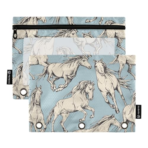 Fustylead The Running Beautiful Horses on Blue Background Pencil Pouch with Clear Window for 3 Ring Binders, Zipper Pencil Case Cosmetic Bags for Office Cosmetic Supplies, 2PCS, blau von Fustylead