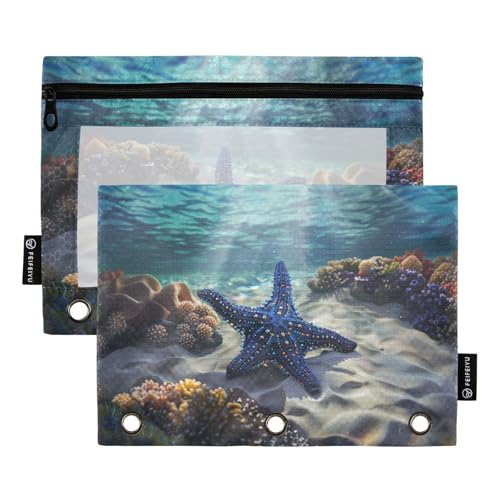 Fustylead Unterwasser-Federmäppchen mit Seestern für 3-Ringbinder, Reißverschluss-Bleistifttasche mit transparentem Fenster, Organizer für Kosmetik, Büro, 2 Stück, mehrfarbig von Fustylead