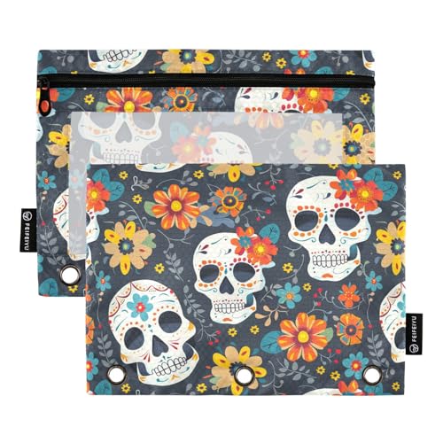 Fustylead Vivid Day of the Dead Federmäppchen mit Totenköpfen und Blumenmuster, mit transparentem Fenster für 3-Ringbinder, Reißverschluss-Federmäppchen, Kosmetiktaschen für Büro-Kosmetikbedarf, 2 von Fustylead