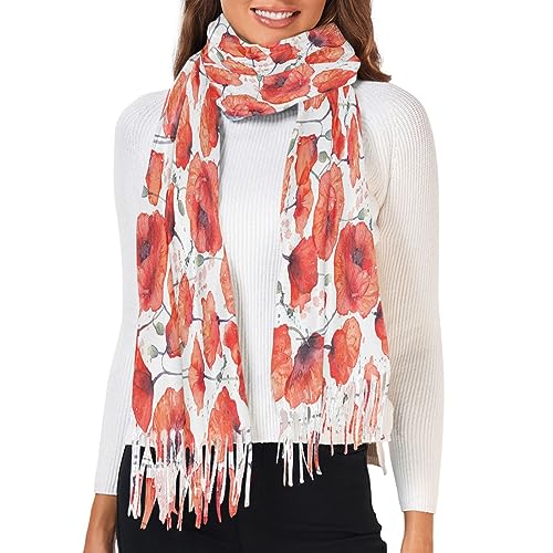 Fustylead Wild Red Poppy Weiche Nachahmung Kaschmir Gefühl Quaste Schals Geschenk Für Männer Frauen Warm Gemütlich Schal, weiß, One size von Fustylead