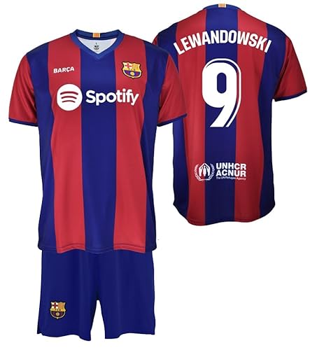Futbol Club Barcelona T-Shirt und Hose - Lewandowski 9 - Erste Mannschaft Saison 2023/2024 - Offizielle Replik mit Lizenz Kind, Blau/Weinrot, 12 Jahre von Futbol Club Barcelona