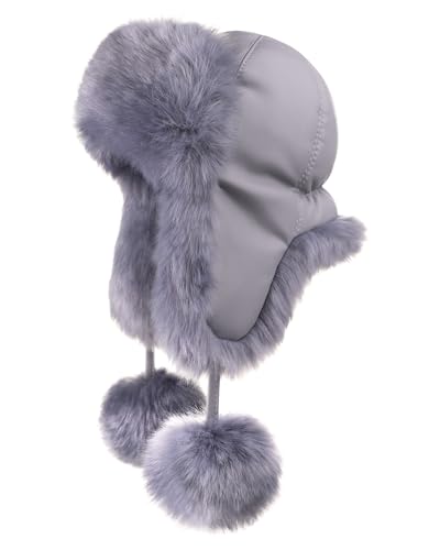 Futrzane Fliegermütze - Schapka Uschanka Damen - Fell Trapper Mütze aus Leder (S, Stahlblau - Stahlblau Siberian) von Futrzane