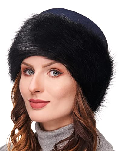 Futrzane Mütze Fellmütze Vlies Pelzmütze Wintermütze Damenmütze (M, Navy blau - Schwarz Fuchs) von Futrzane