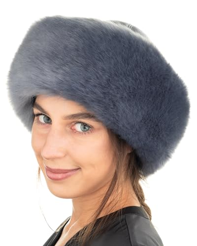 Futrzane Siberian Mütze mit Fellrand - Fellmütze Damen - Pelz und Leder Hut (S, Stahlblau - Stahlblau Siberian) von Futrzane