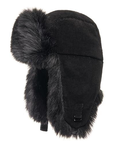Futrzane Trappermütze aus Cord - Ushanka Damen - Winter Mütze mit Ohrenklappen (L, Schwarz - Schwarz Siberian) von Futrzane