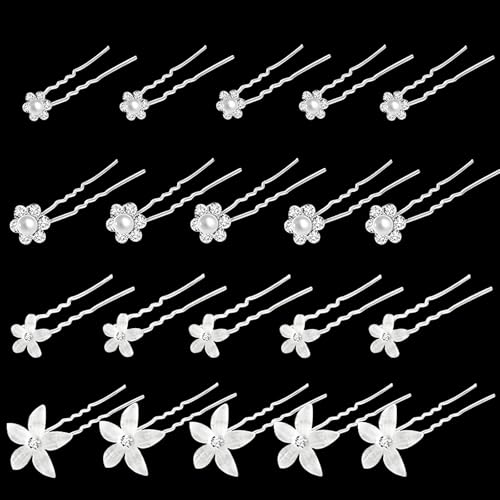 20 Stück Braut Perlen Haarnadeln Hochzeit Blumen Kristall Haarschmuck Set, Crystal Pearl Bridal Hair Pins Silber Haarschmuck U-förmig Haarspangen Strass Hochzeit für Frauen Mädchen von Futuhada