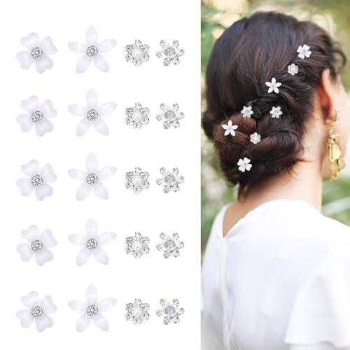 20 Stück Mini-Blumen-Haarspangen, Süße Strass-Haarnadeln, Kleine Dekorative Haarspangen, Hochzeits-Haarspangen, Weiß Blumen-Haarspangen, Braut-Haar-Accessoires für Mädchen und Frauen von Futuhada