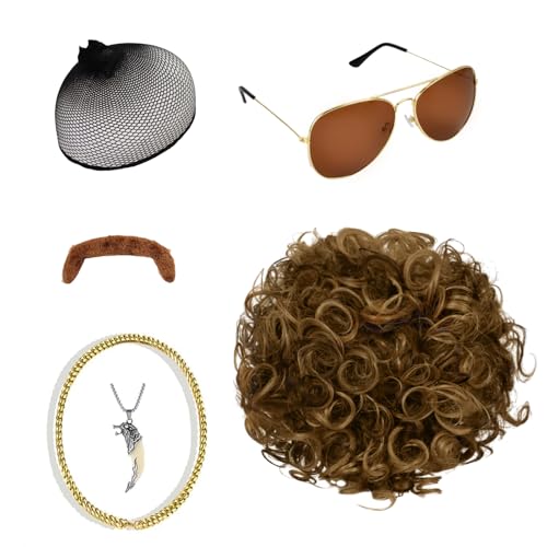 6er Set Herren Perücke 70er 80er Jahre Disco Perücke Halskette & Schnurrbart kurz gelockt Afro Shaggy Perücke Blond Braun, Echthaar Look, Ideal für Karneval und Partys von Futuhada