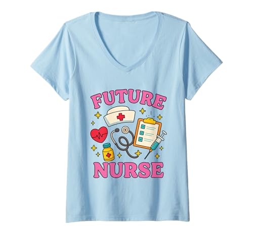Damen Zukünftige Krankenschwester Krankenpflege Student Medizinstudium Leben Kinder Karriere T-Shirt mit V-Ausschnitt Damen Zukünftige Krankenschwester Krankenpflege Student Medizinstudium Leben Kinder Karriere T-Shirt mit V-Ausschnitt von Future Nurse Little Hero Medical Dreamers Tee